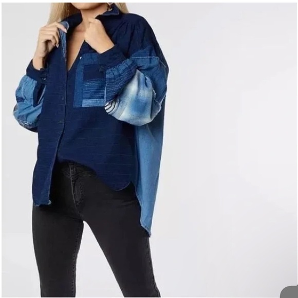 Free People Patch Denim High Low Button Down Shacket Top - Picture 3 of 13